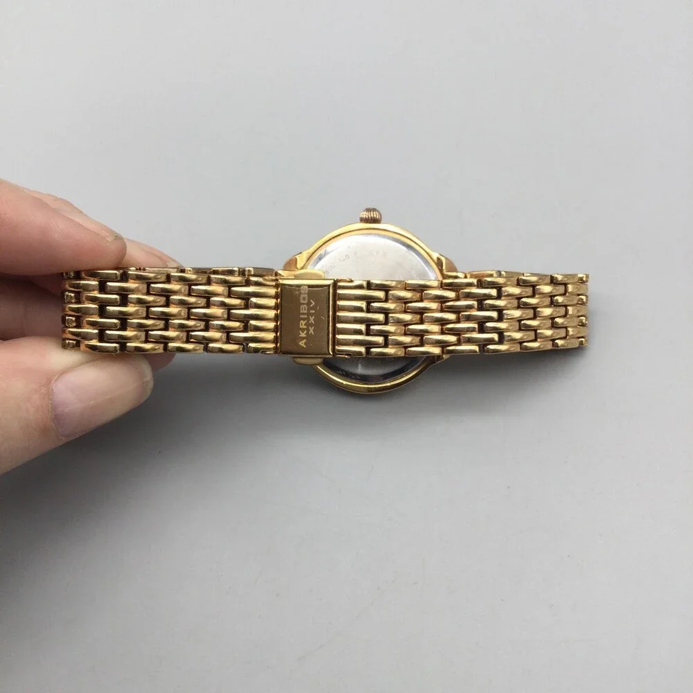 Akribos XXIV Womens Watch 33mm Gold Tone Crystals Date New Battery 7.5
